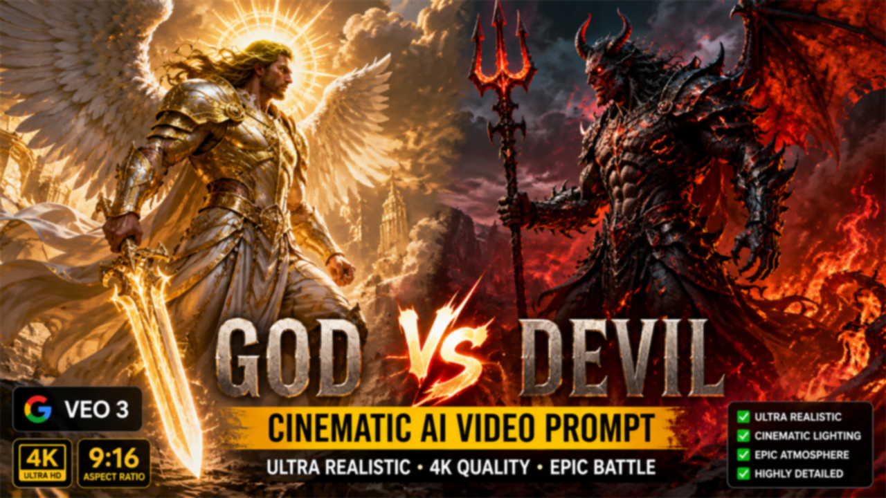 God vs Devil Cinematic Battle AI Video Prompt (Ultra Realistic 4K)