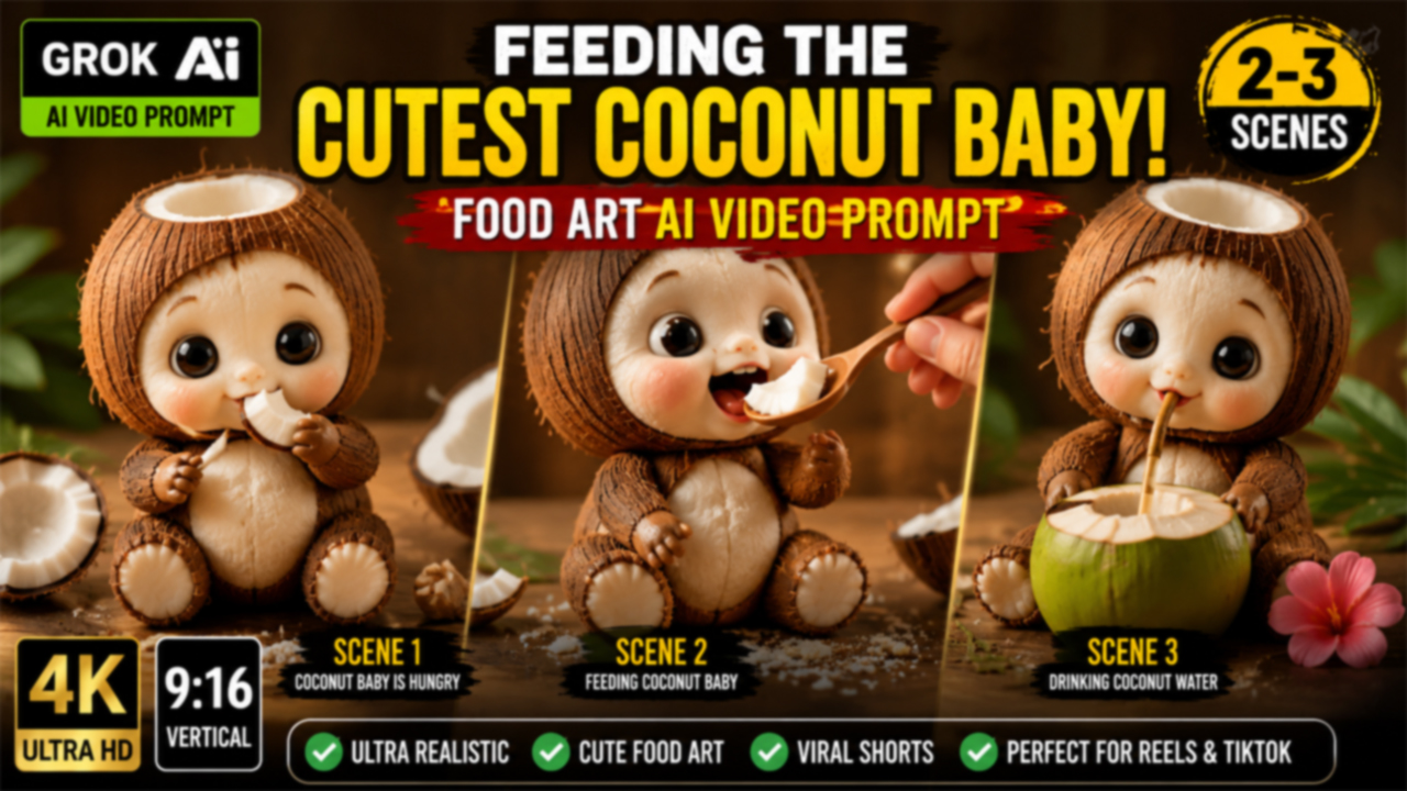 Feeding the Cutest Coconut Baby! Food Art AI Video Prompt (Grok AI)
