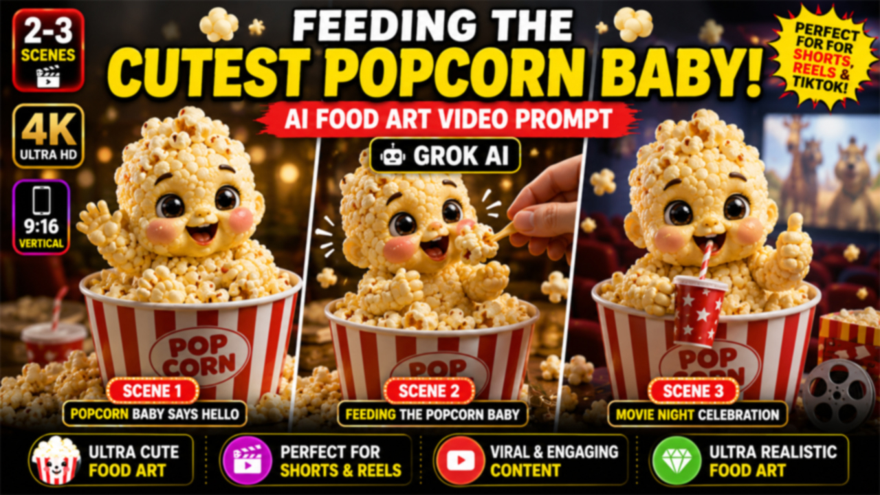 Feeding the Cutest Popcorn Baby! AI Video Prompt (Grok AI)