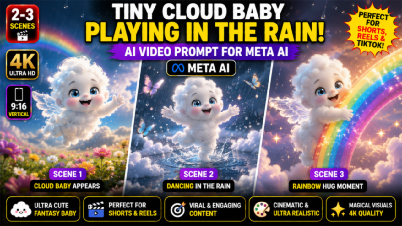 Tiny Cloud Baby Playing in the Rain – Meta AI Video Prompt (Ultra Realistic)