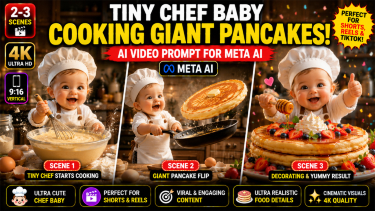 Tiny Chef Baby Cooking Giant Pancakes – AI Video Prompt (Meta AI)