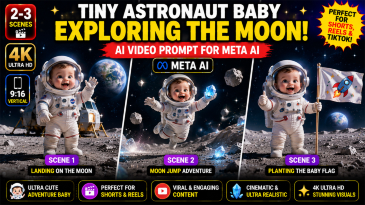 Tiny Astronaut Baby Exploring the Moon – AI Video Prompt (Meta AI)