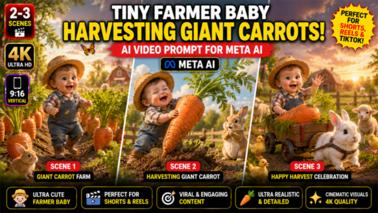 Tiny Farmer Baby Harvesting Giant Carrots – Meta AI Video Prompt (Ultra Realistic)