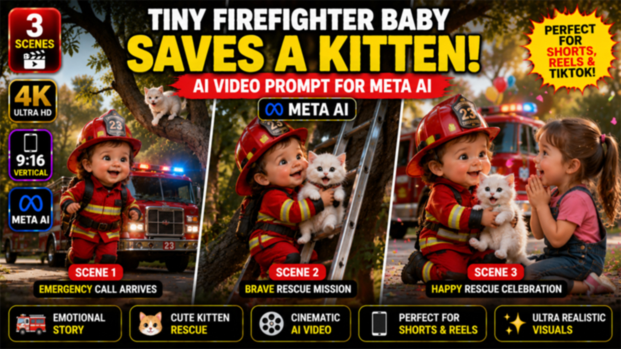 Tiny Firefighter Baby Saves a Kitten – Meta AI Video Prompt (Ultra Realistic)