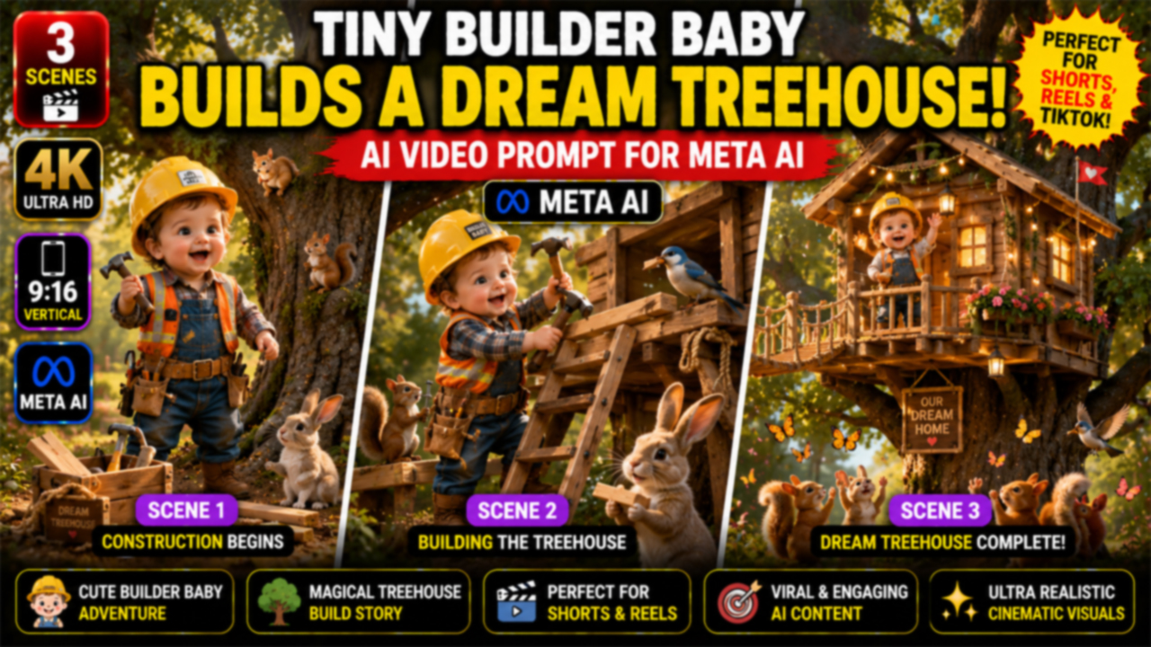 Tiny Builder Baby Builds a Dream Treehouse – Meta AI Video Prompt (Ultra Realistic)
