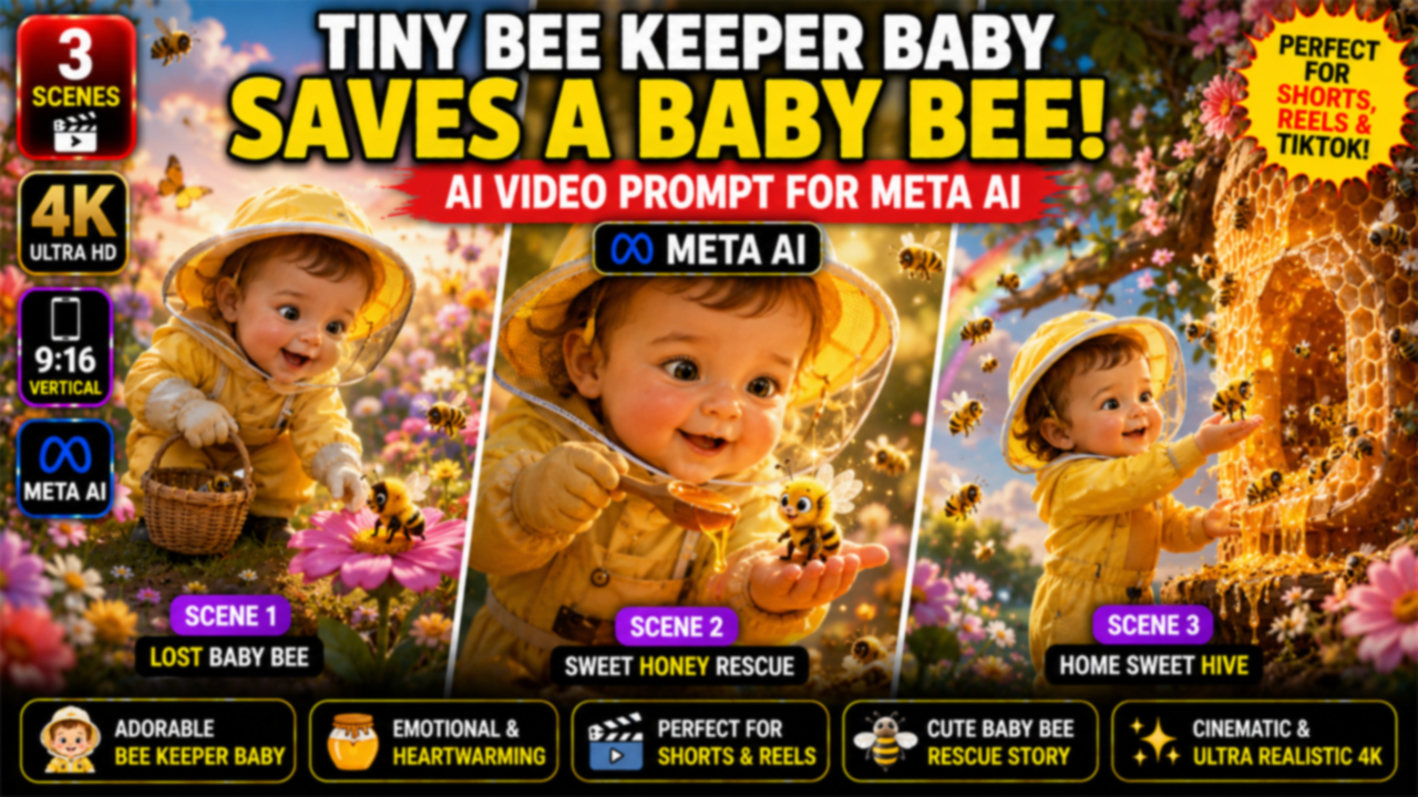 Tiny Bee Keeper Baby Saves a Baby Bee – Meta AI Video Prompt (4K)