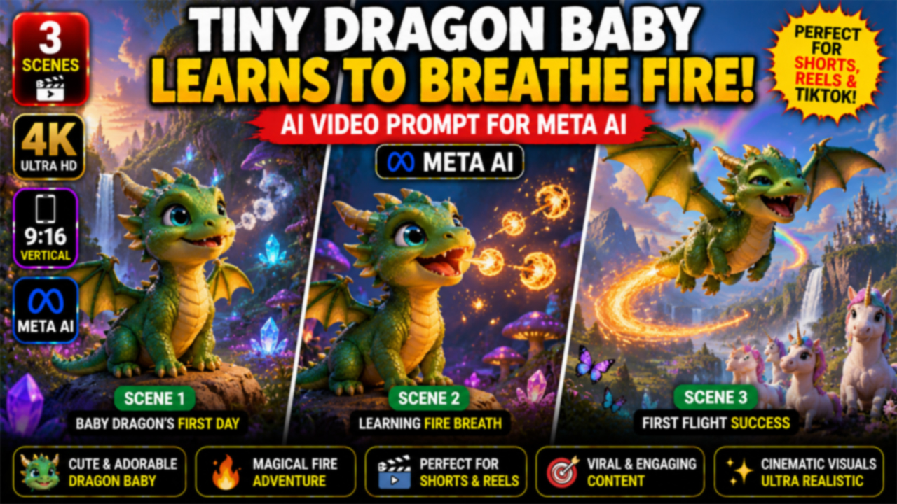 Tiny Dragon Baby Learns to Breathe Fire – Meta AI Video Prompt (Ultra Realistic)