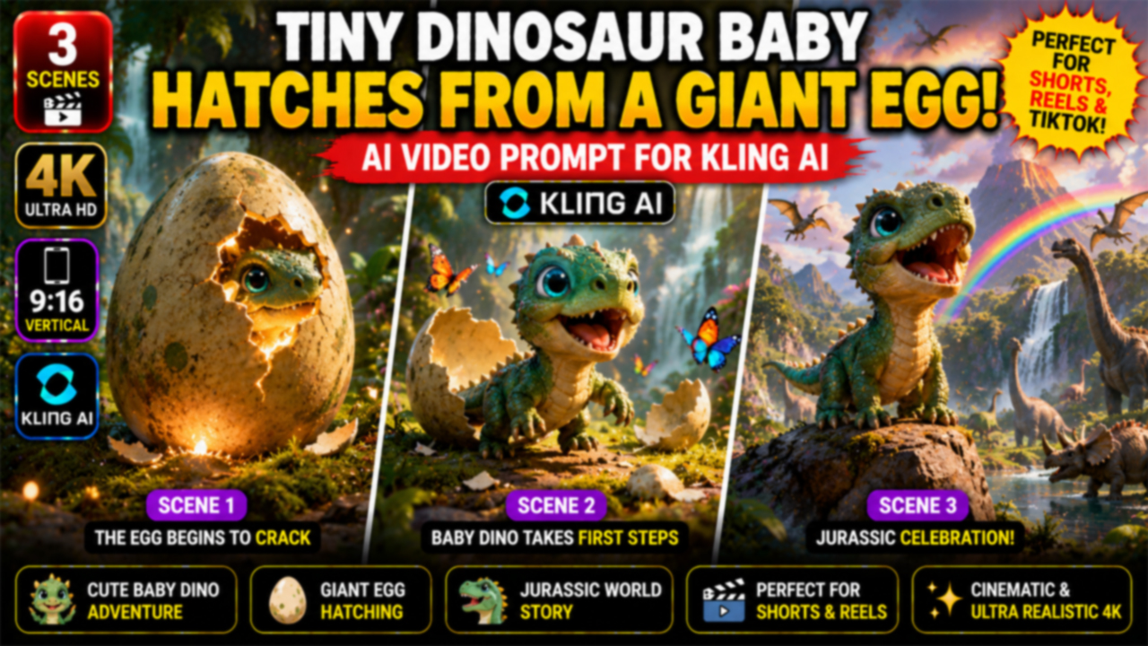 Tiny Dinosaur Baby Hatches from a Giant Egg – Kling AI Video Prompt (Ultra Realistic)