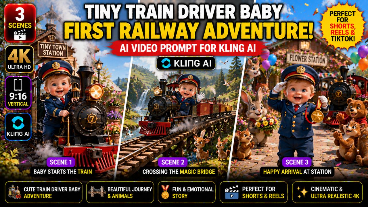 Tiny Train Driver Baby Adventure – Kling AI Video Prompt (4K)