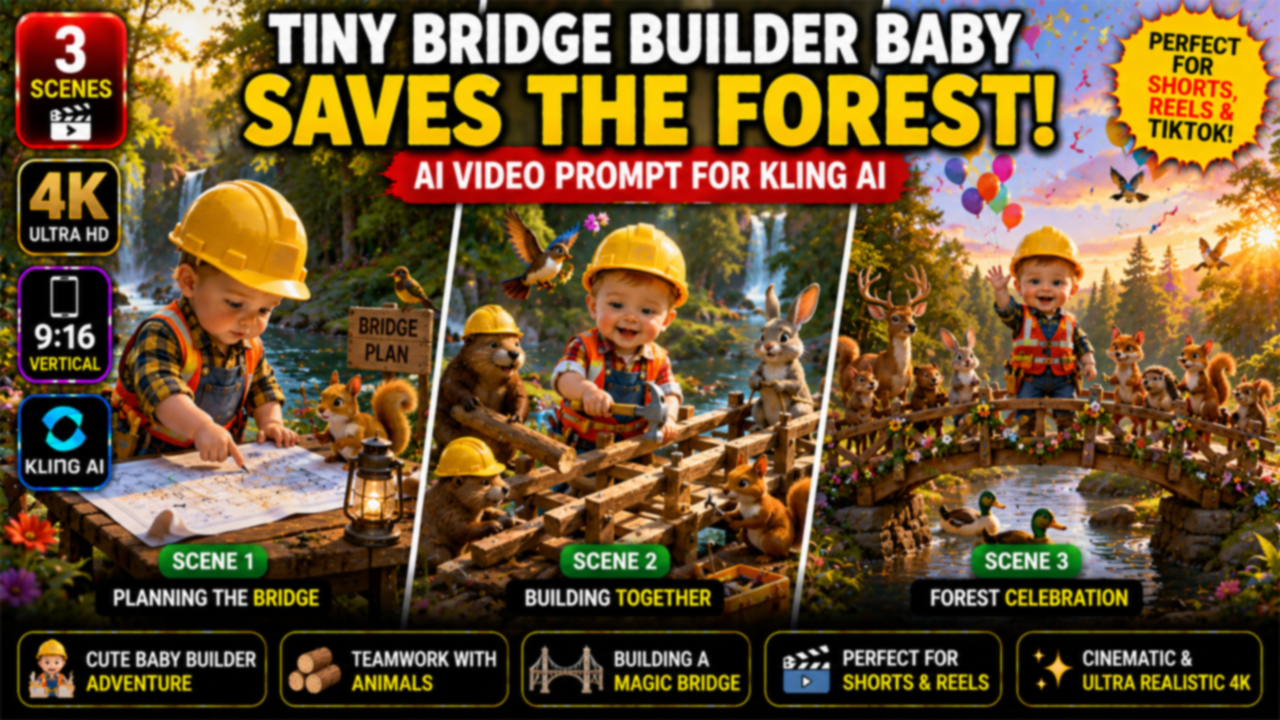 Tiny Bridge Builder Baby Saves the Forest – Kling AI Video Prompt (Ultra Realistic)