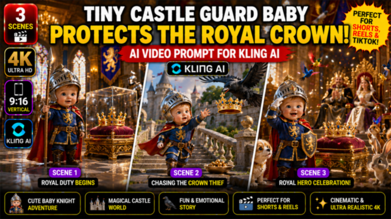 Tiny Castle Guard Baby Protects the Royal Crown – Kling AI Video Prompt (Ultra Realistic)