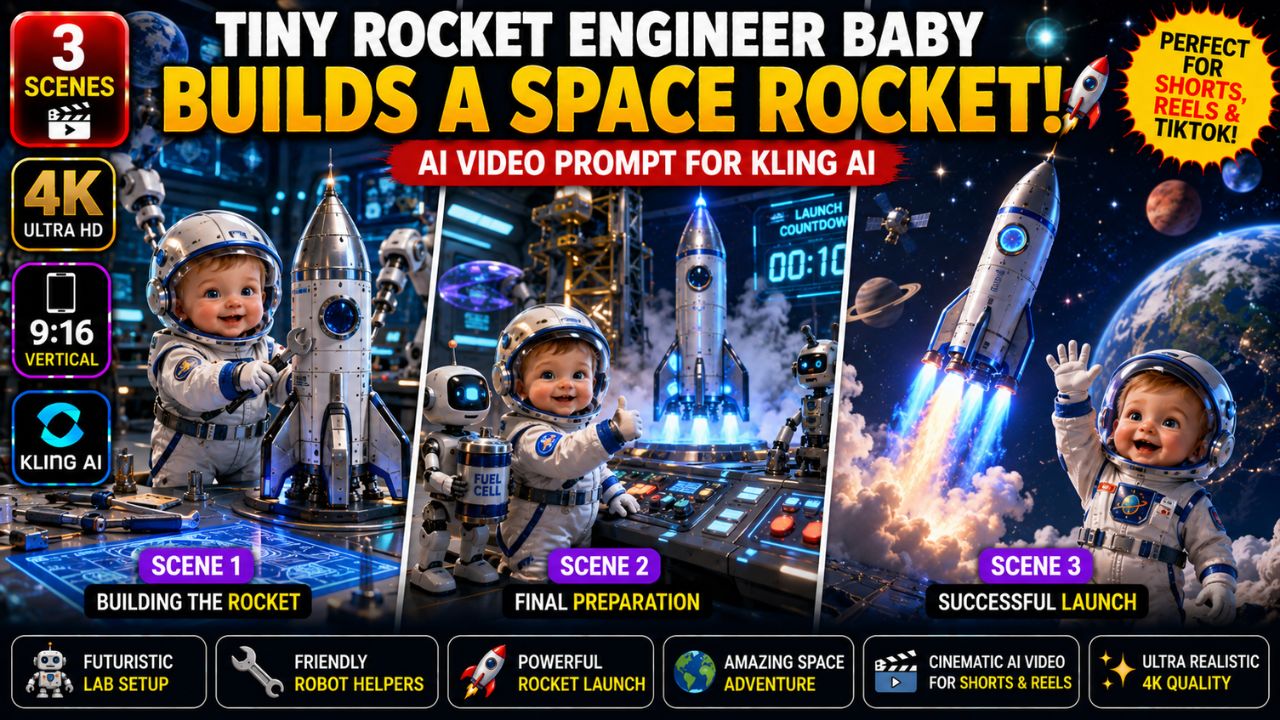 Tiny Rocket Engineer Baby Builds a Space Rocket – Kling AI Video Prompt (Ultra Realistic)