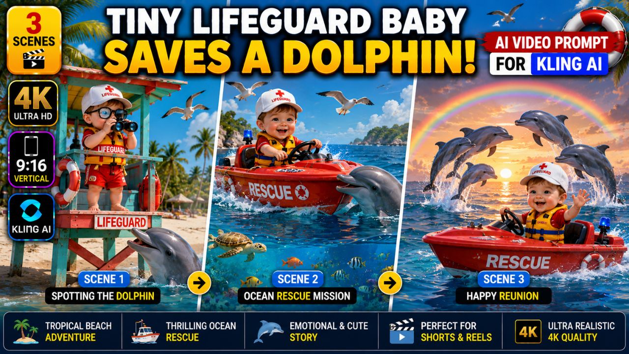 Tiny Lifeguard Baby Saves a Dolphin – Kling AI Video Prompt (Ultra Realistic)