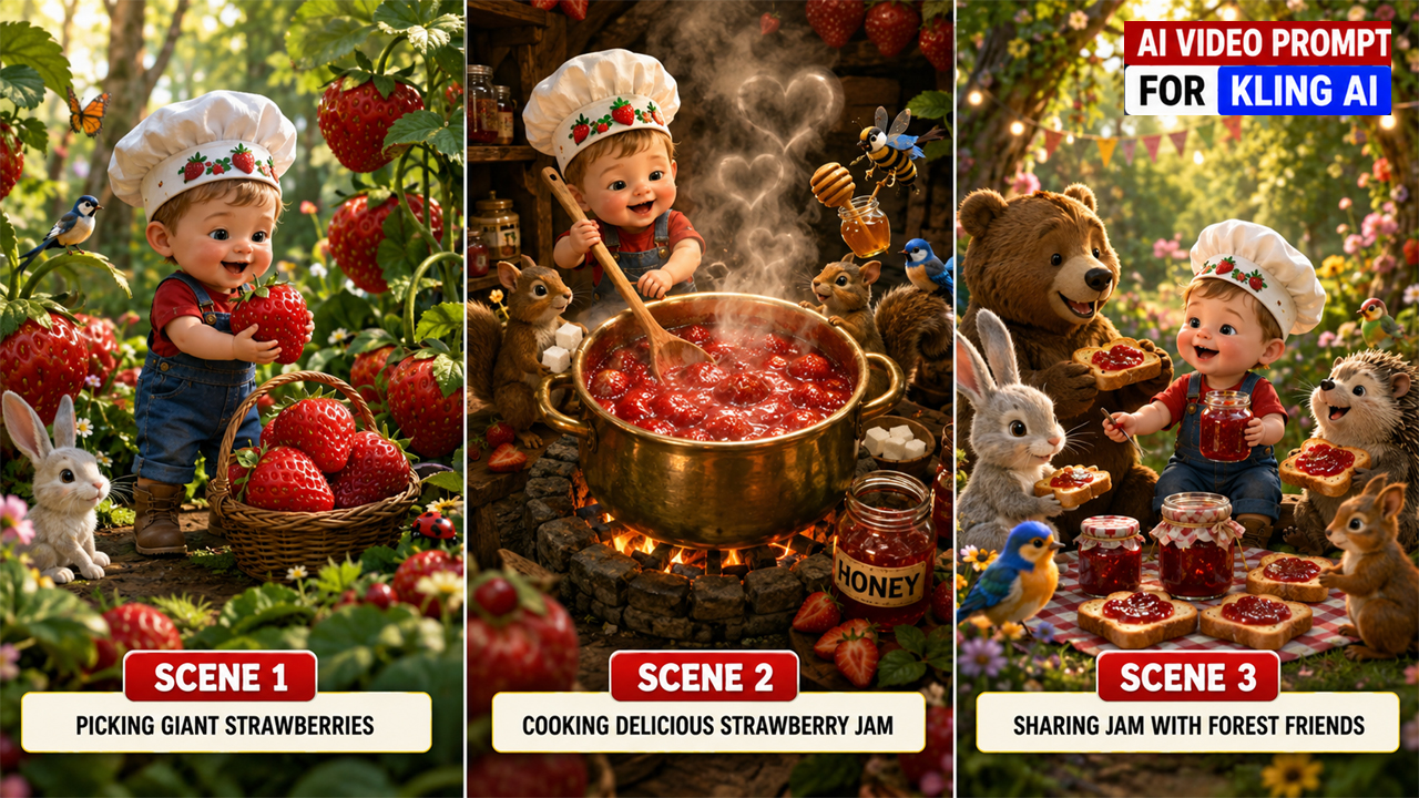 Tiny Jam Maker Baby Makes Giant Strawberry Jam – Kling AI Video Prompt (Ultra Realistic)