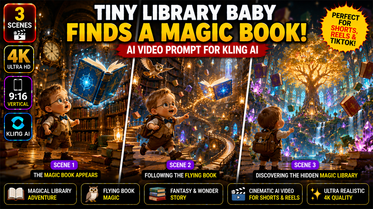 Tiny Library Baby Finds a Magical Flying Book – Kling AI Video Prompt (Ultra Realistic)