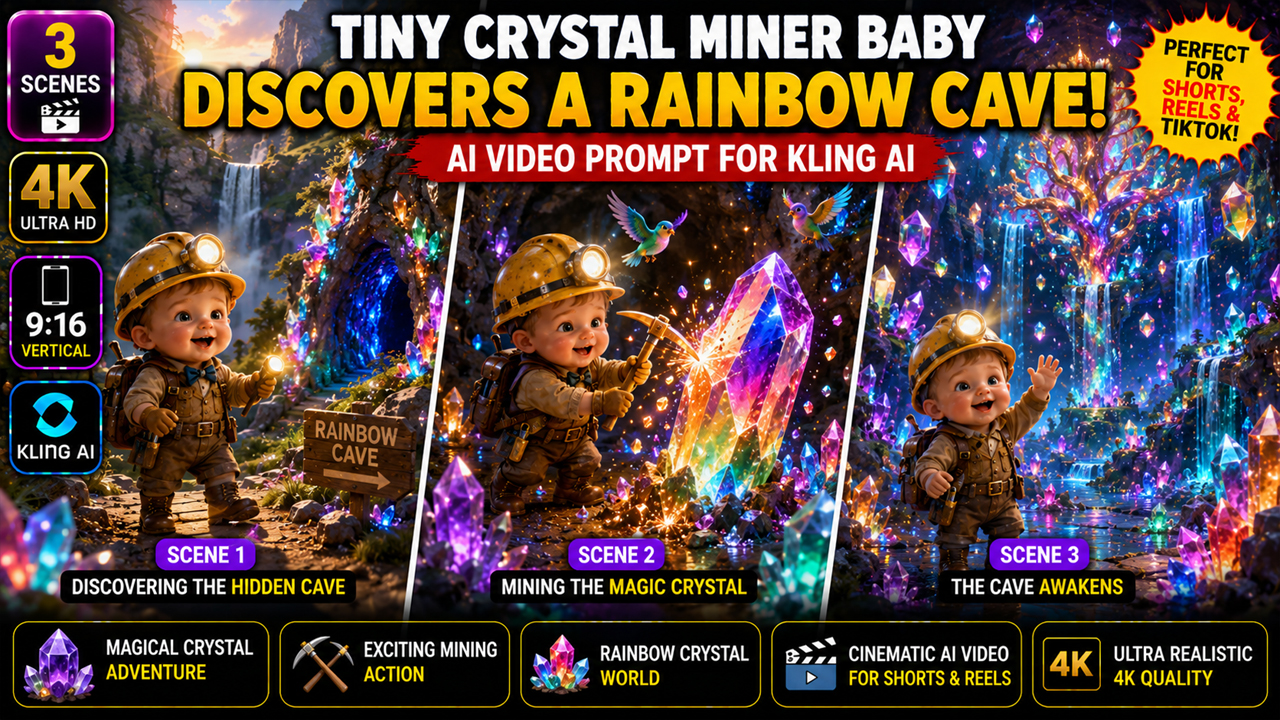 Tiny Crystal Miner Baby Discovers a Rainbow Crystal Cave – Kling AI Video Prompt (Ultra Realistic)