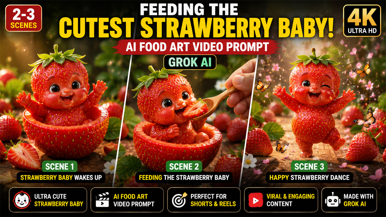 Feeding the Cutest Strawberry Baby! AI Food Art Video Prompt (Grok AI)