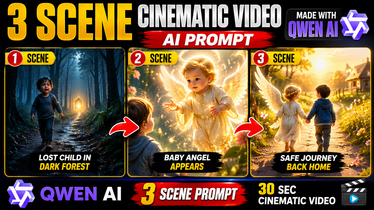Qwen AI Prompt: Baby Angel Saves Lost Child from the Dark Forest (3 Scene Cinematic Video Prompt)