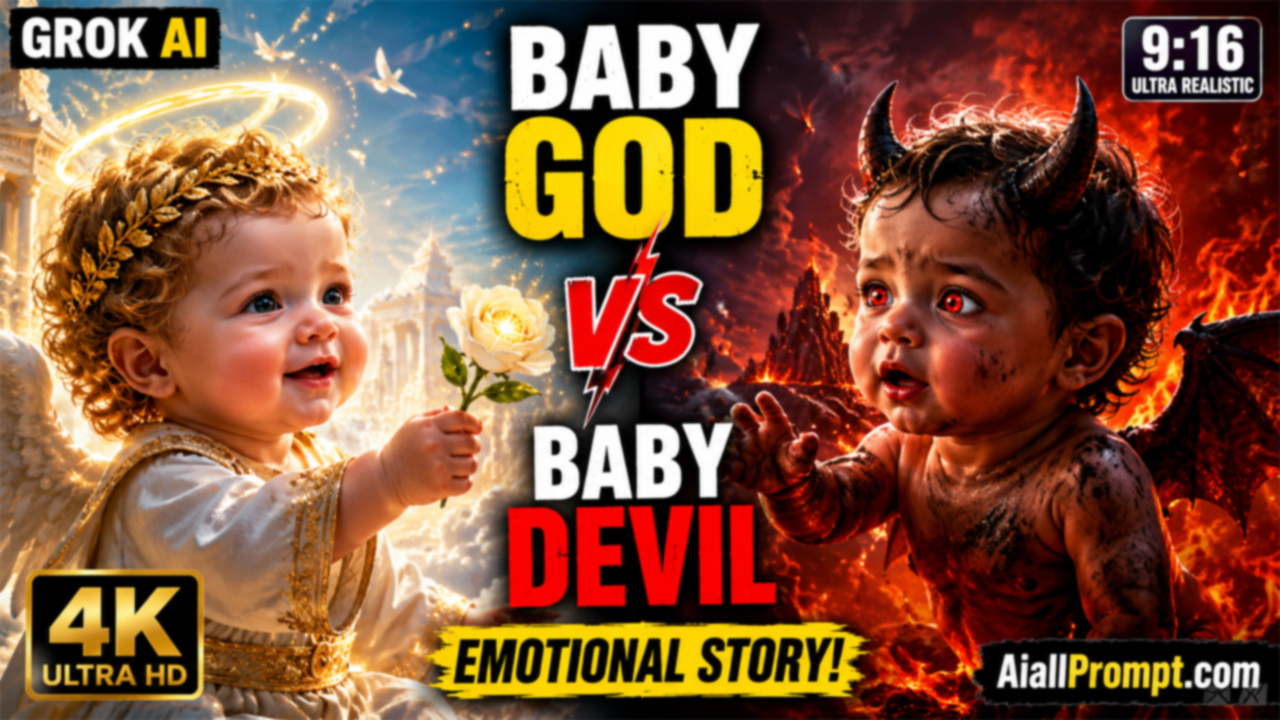 Baby God and Devil Story AI Video Prompt (Grok AI) – Ultra Realistic Cinematic Video