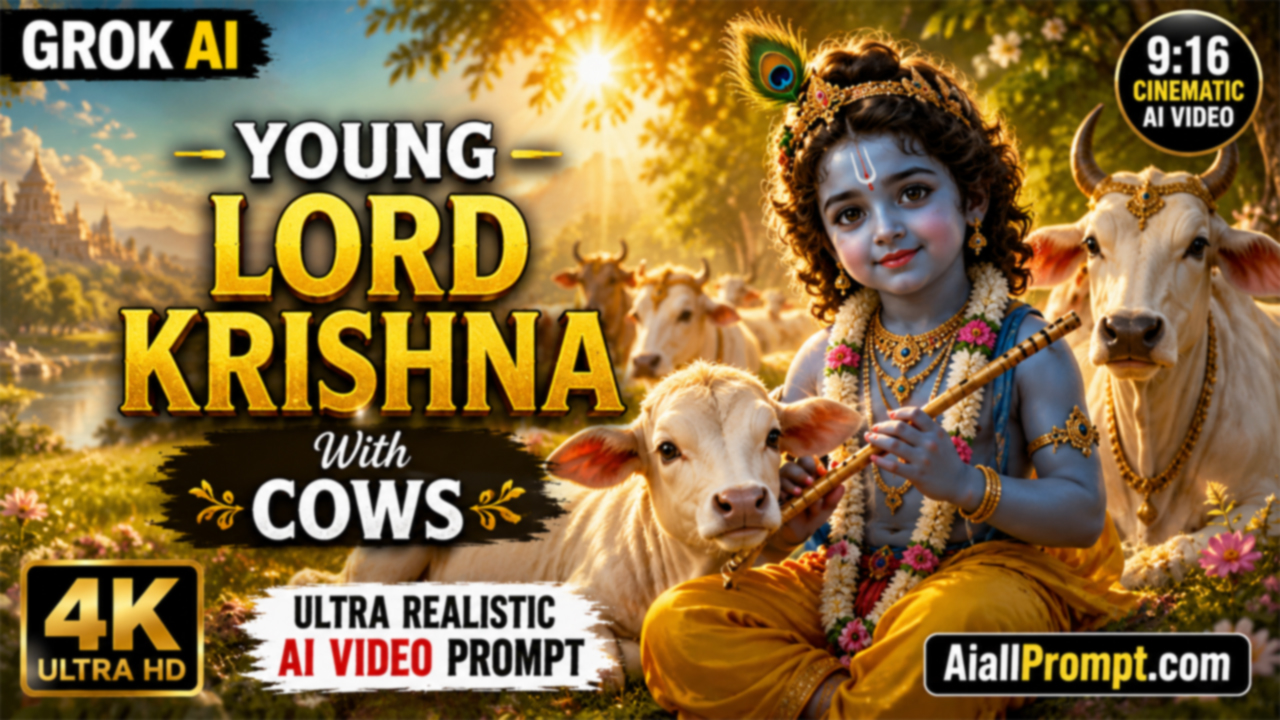 Young Lord Krishna with Cows AI Video Prompt (Grok AI) – Ultra Realistic Cinematic 4K