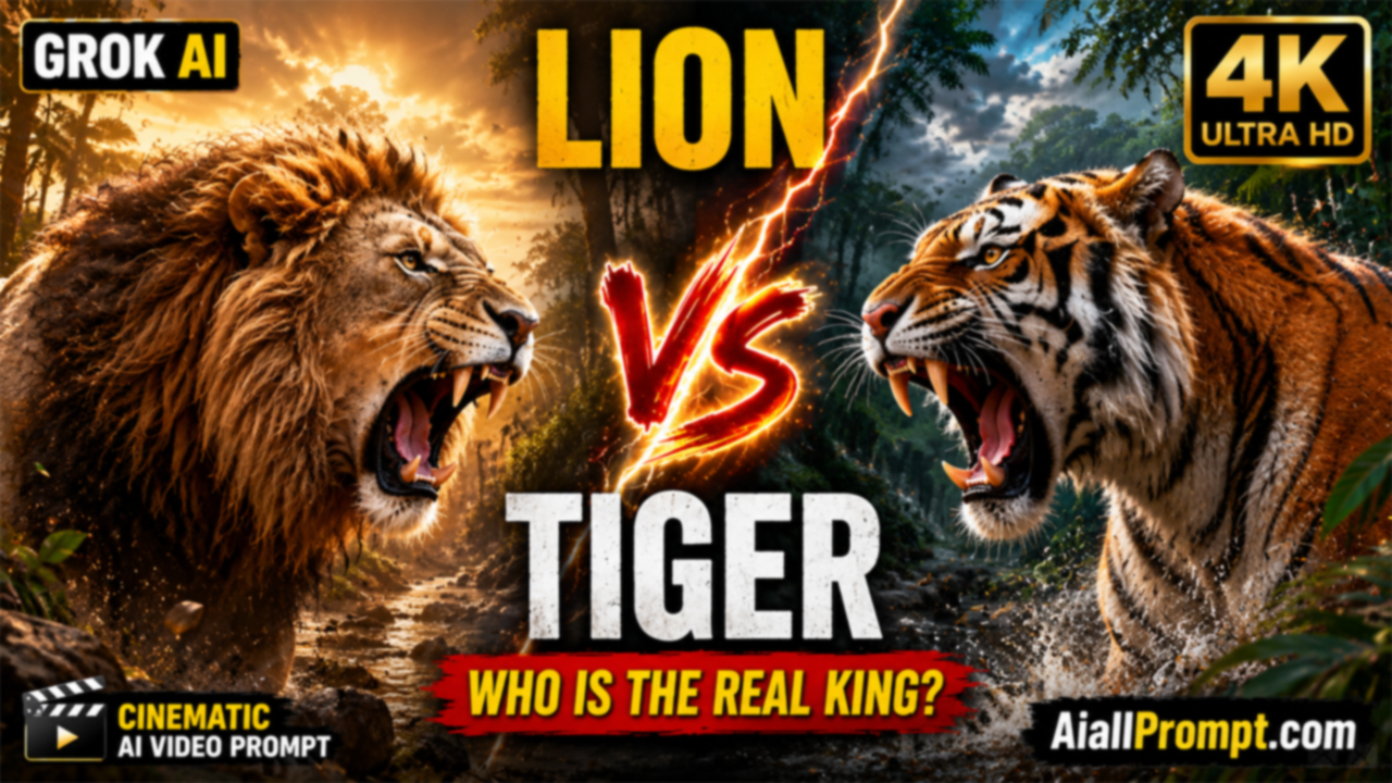 Lion vs Tiger AI Video Prompt (Grok AI) – Ultra Realistic Cinematic Wildlife Battle