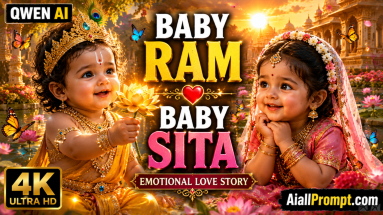 Baby Ram and Baby Sita AI Video Prompt (Qwen AI) – Ultra Realistic Cinematic Love Story
