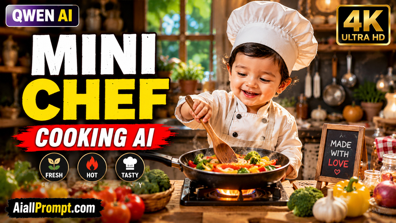 Mini Chef Cooking AI Video Prompt (Qwen AI) – Ultra Realistic Tiny Chef Kitchen Story