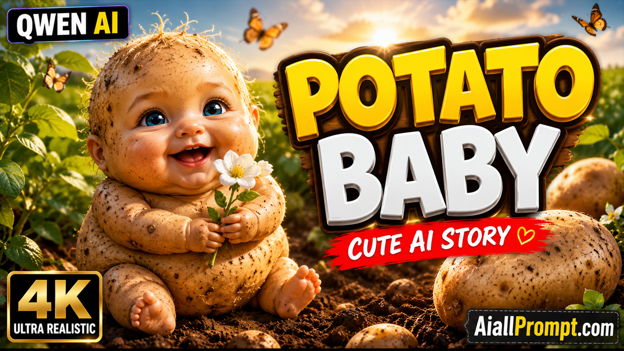 Potato Baby AI Video Prompt (Qwen AI) – Ultra Realistic Cute Food Baby Story in 4K