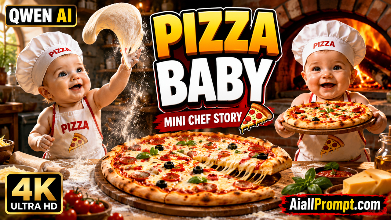 Pizza Baby AI Video Prompt (Qwen AI) – Cute Mini Chef Pizza Story in 4K