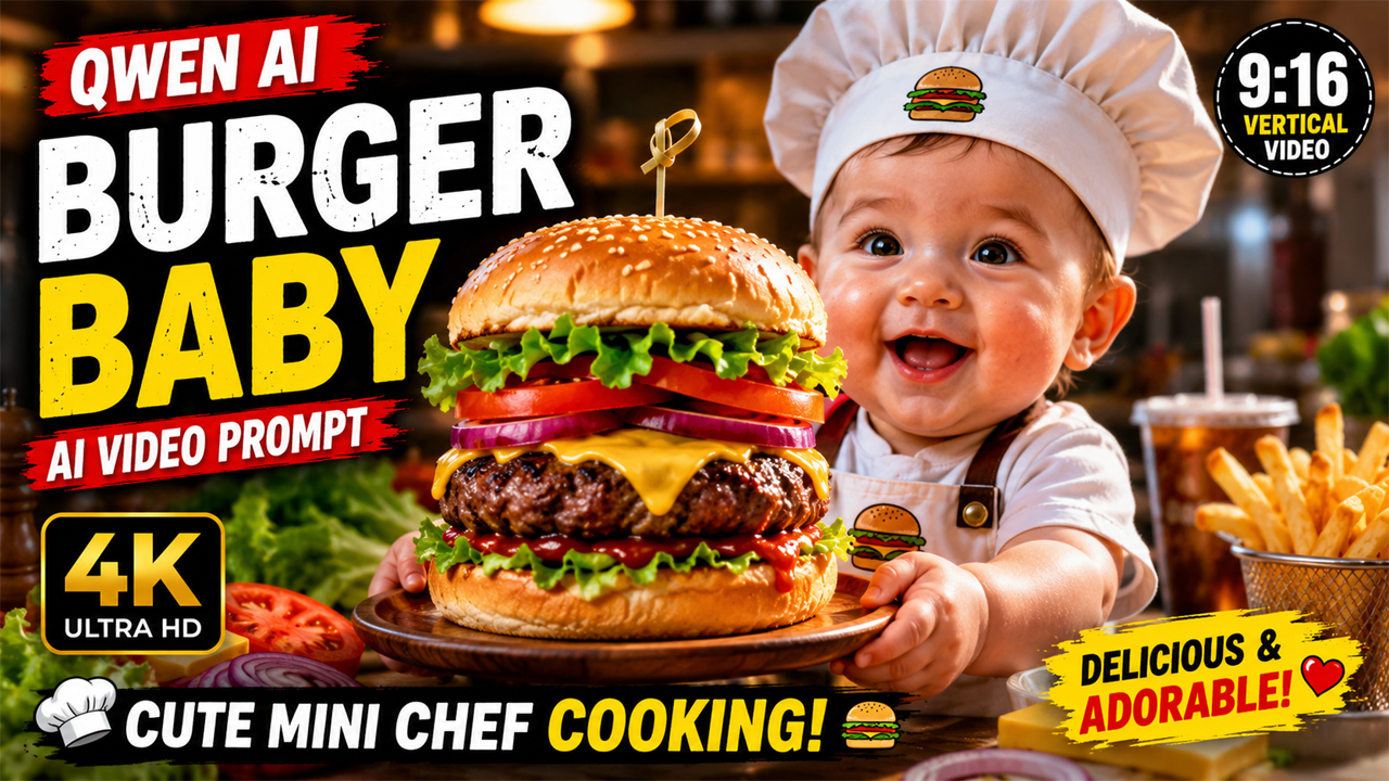 Burger Baby AI Video Prompt (Qwen AI) – Cute Mini Chef Cooking Cinematic 4K Video