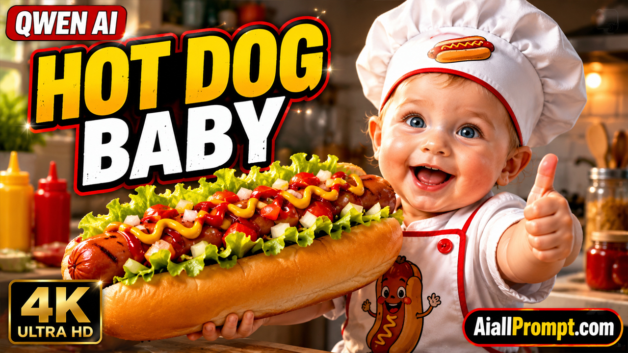 Hot Dog Baby AI Video Prompt for Qwen AI – Cute Baby Chef Viral 4K Shorts Prompt