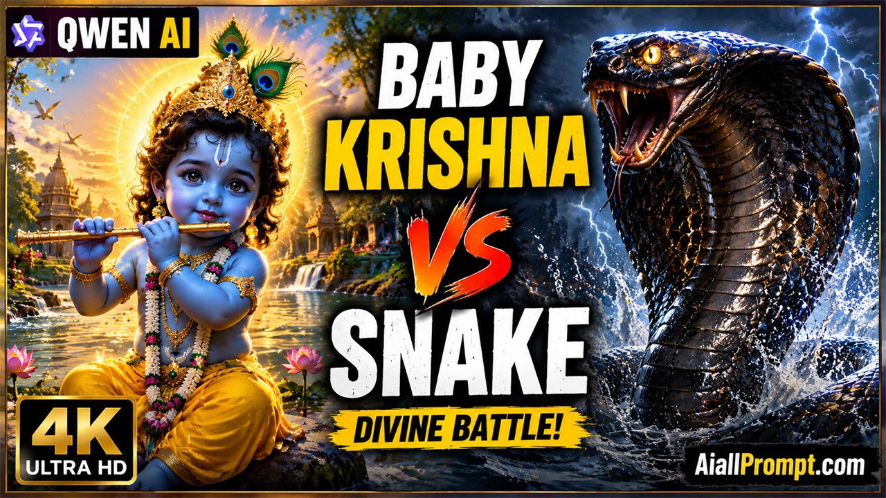 Baby Krishna vs Snake AI Video Prompt (Qwen AI) – Ultra Realistic 9:16 Cinematic Video