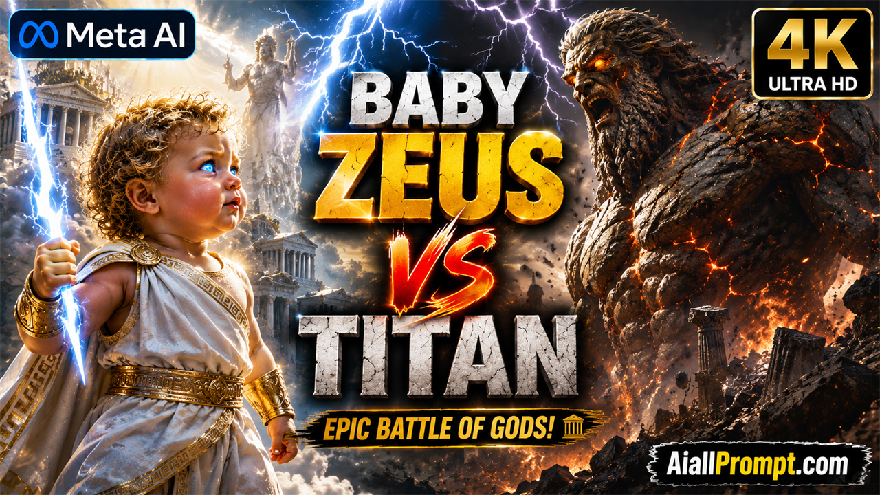 Baby Zeus vs Titan AI Video Prompt (Meta AI) – Ultra Realistic Cinematic Fantasy Battle