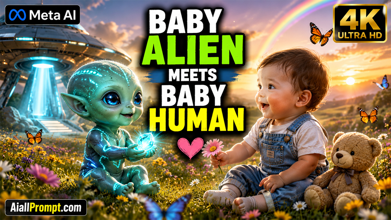 Baby Alien Meets Baby Human AI Video Prompt (Meta AI) – Ultra Realistic Cinematic Story