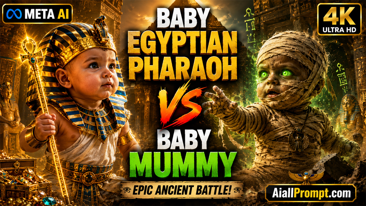 Baby Egyptian Pharaoh vs Baby Mummy AI Prompt (Meta AI) – Ultra Realistic Cinematic AI Video