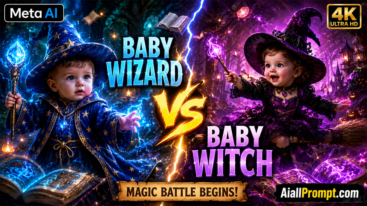 Baby Wizard vs Baby Witch AI Prompt (Meta AI) – Ultra Realistic Magical Fantasy Video