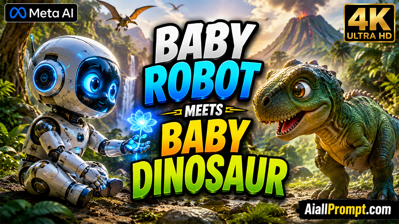 Baby Robot Meets Baby Dinosaur AI Prompt (Meta AI) – Ultra Realistic Cinematic AI Video