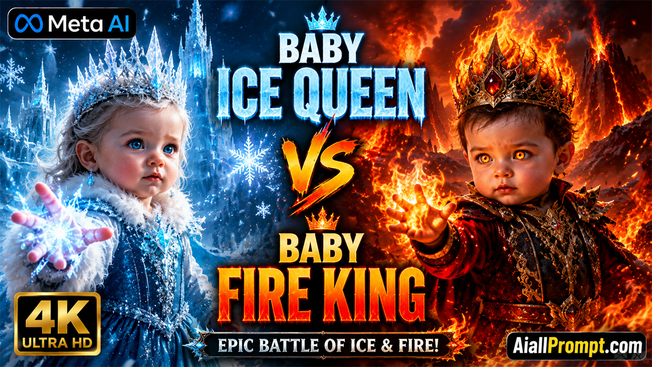 Baby Ice Queen vs Baby Fire King AI Prompt (Meta AI) – Ultra Realistic Cinematic AI Video