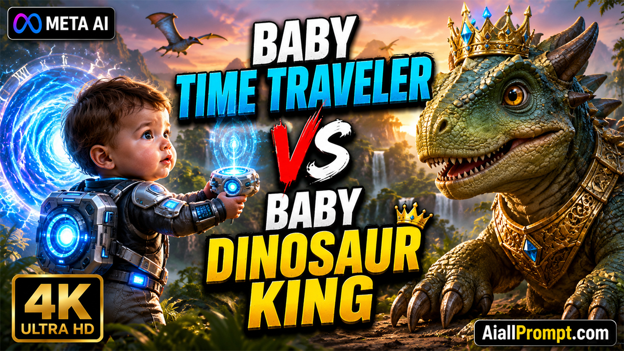 Baby Time Traveler vs Baby Dinosaur King AI Prompt (Meta AI) – Cinematic 4K AI Video