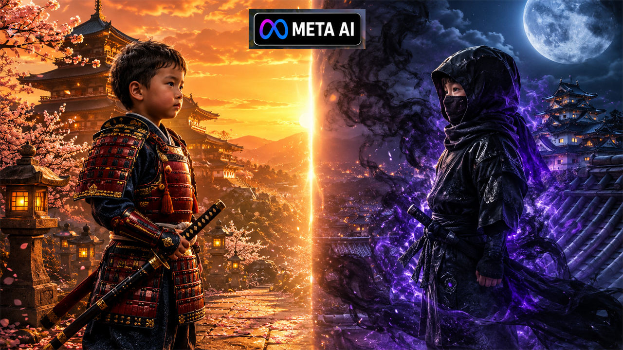 Baby Samurai vs Baby Shadow Ninja AI Prompt (Meta AI) – Ultra Realistic Cinematic AI Video