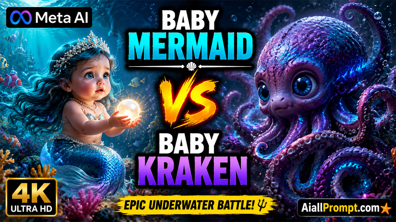 Baby Mermaid vs Baby Kraken AI Prompt (Meta AI) – Cinematic Underwater AI Video