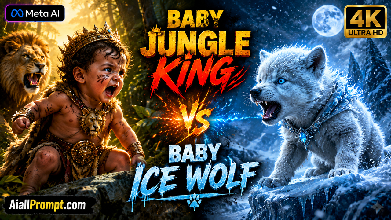 Baby Jungle King vs Baby Ice Wolf AI Prompt (Meta AI) – Ultra Realistic Cinematic AI Video