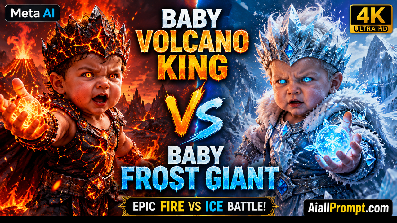 Baby Volcano King vs Baby Frost Giant AI Prompt (Meta AI) – Ultra Realistic Cinematic AI Video