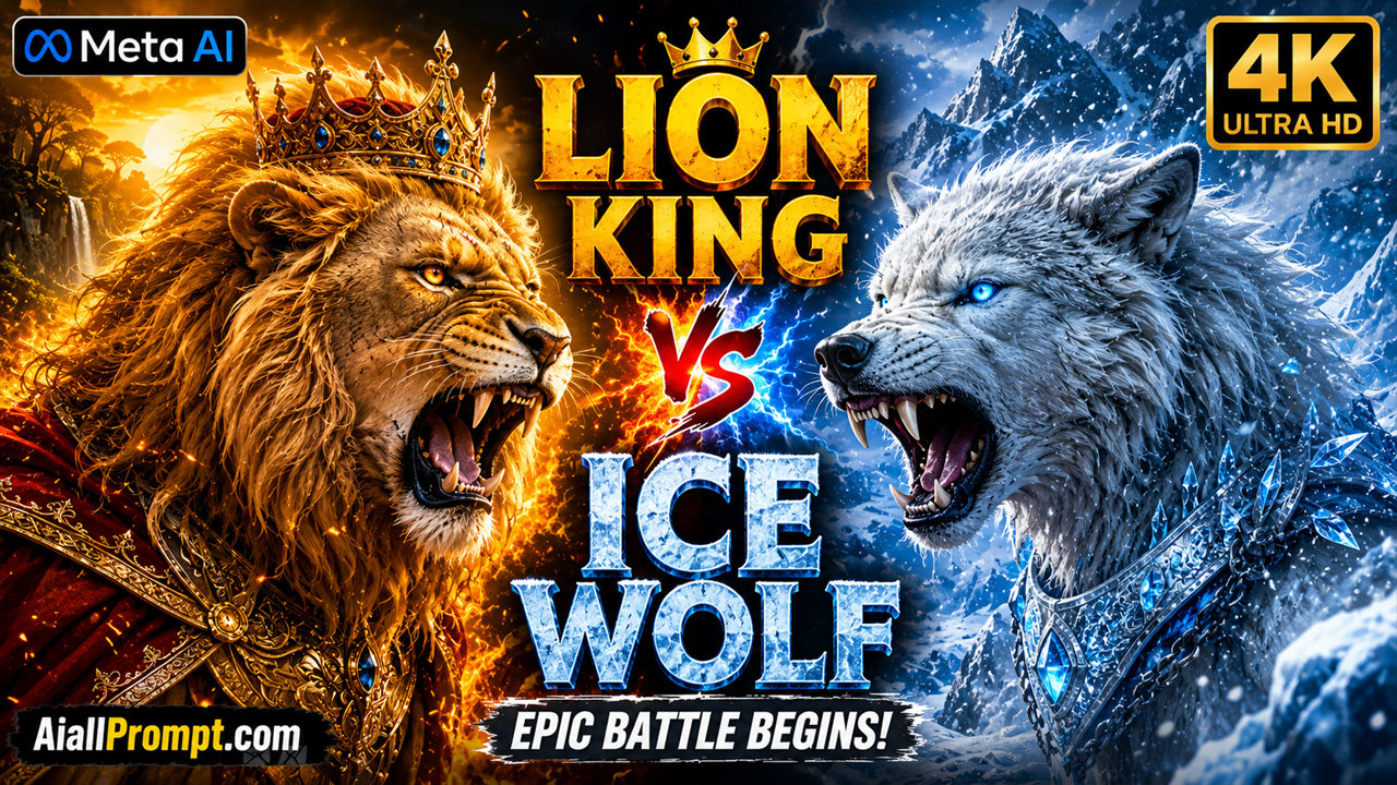 Lion King vs Ice Wolf AI Prompt (Meta AI) – Ultra Realistic Cinematic Battle Video