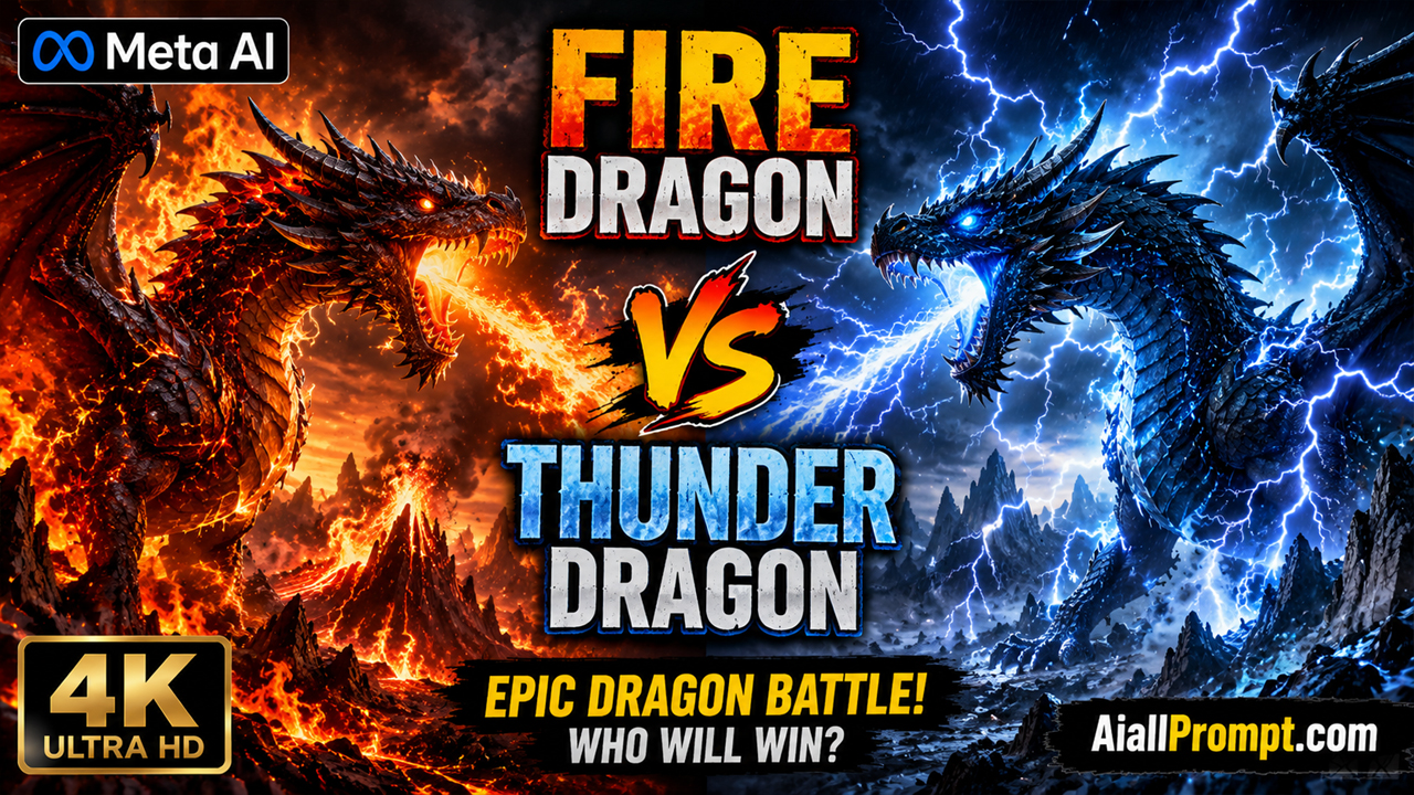 Fire Dragon vs Thunder Dragon AI Prompt (Meta AI) – Ultra Realistic Cinematic Battle Video
