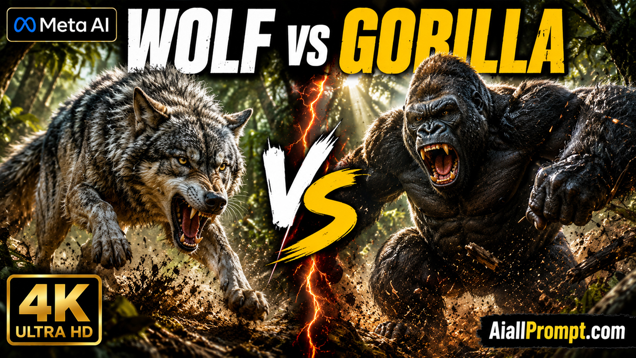 Wolf vs Gorilla AI Prompt (Meta AI) – Ultra Realistic Cinematic Animal Battle Video