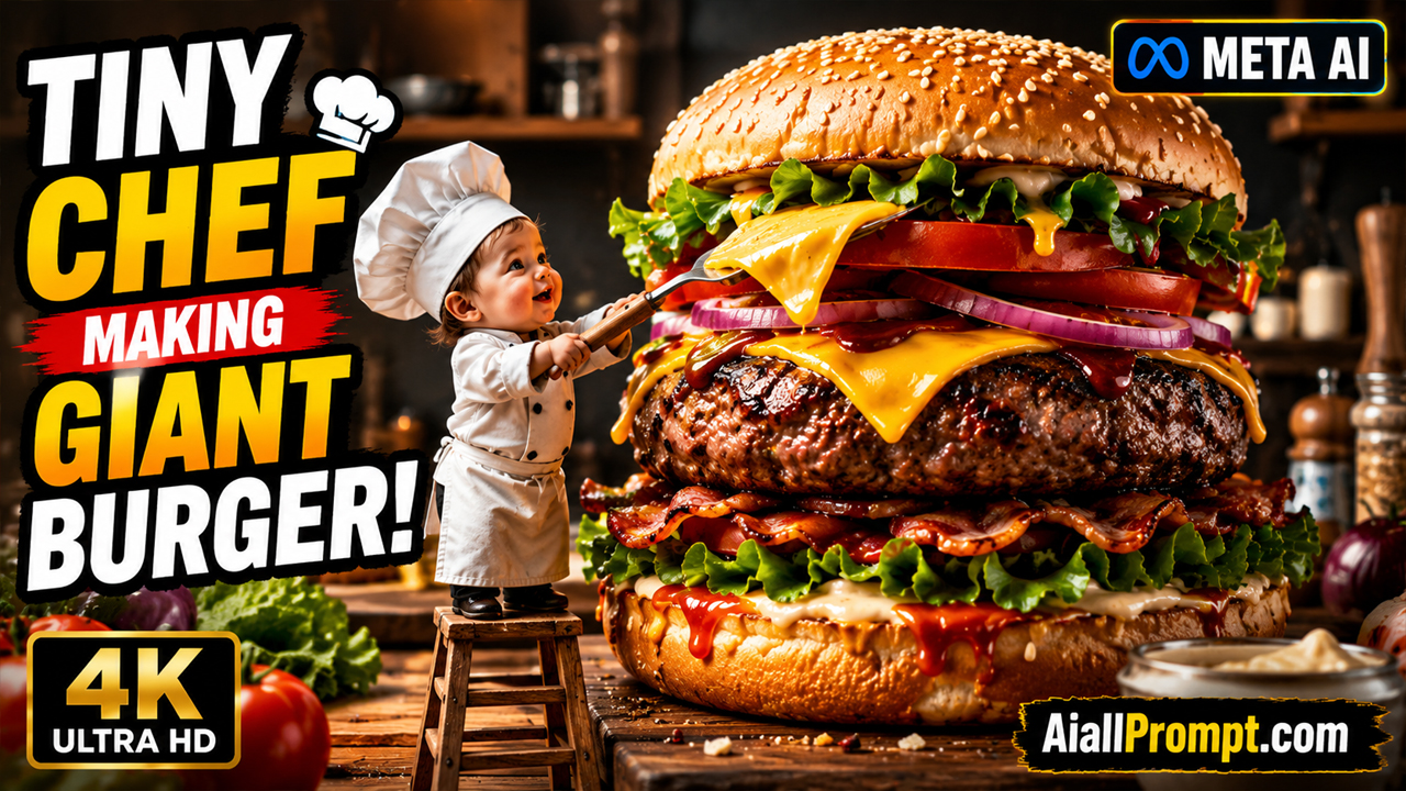 Tiny Chef Making Giant Burger AI Prompt (Meta AI) – Ultra Realistic 4K Cinematic Video