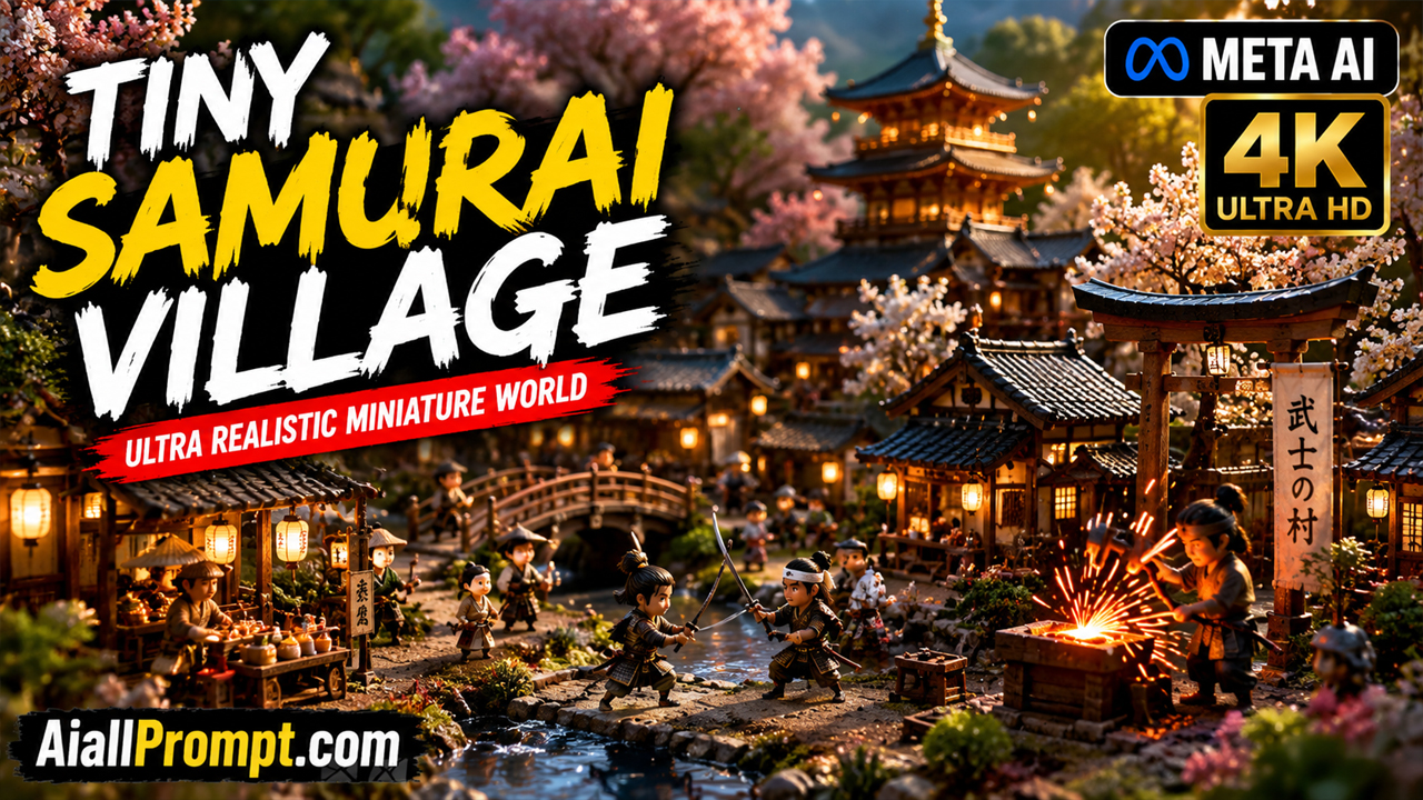 Tiny Samurai Village AI Prompt (Meta AI) – Ultra Realistic Miniature Cinematic Video