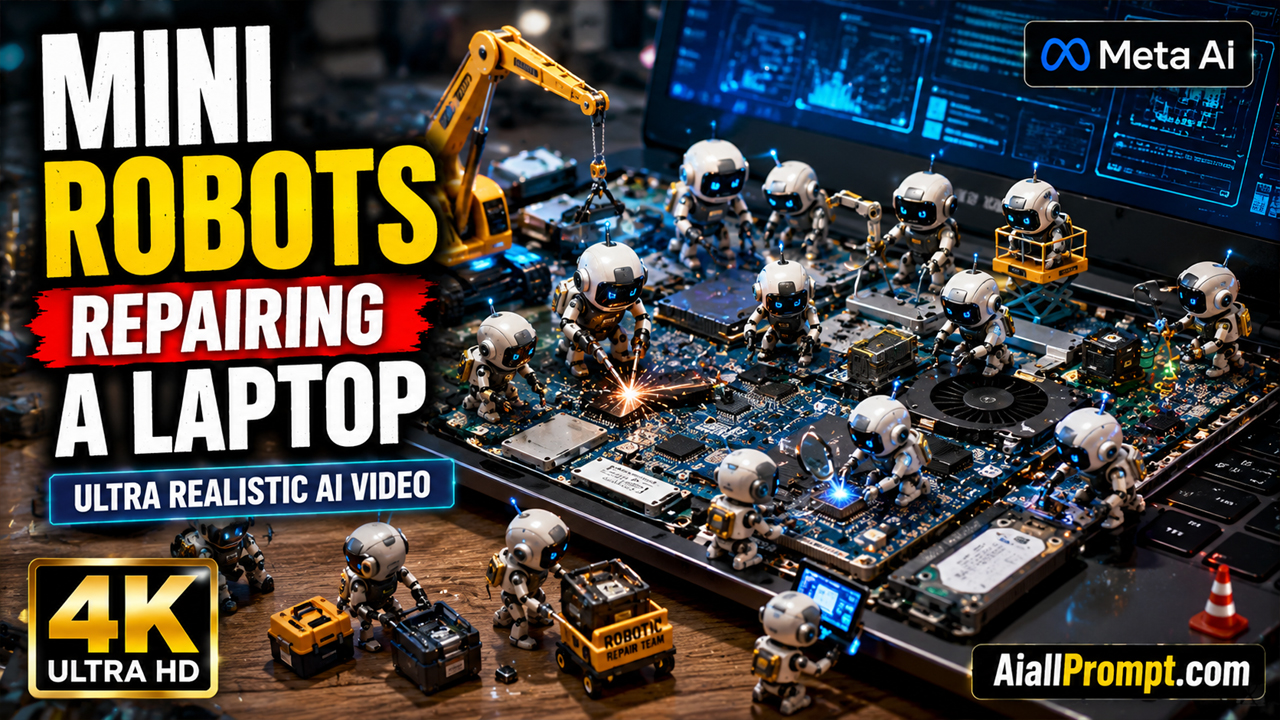 Mini Robots Repairing a Laptop AI Prompt (Meta AI) – Ultra Realistic Tiny Workers Video
