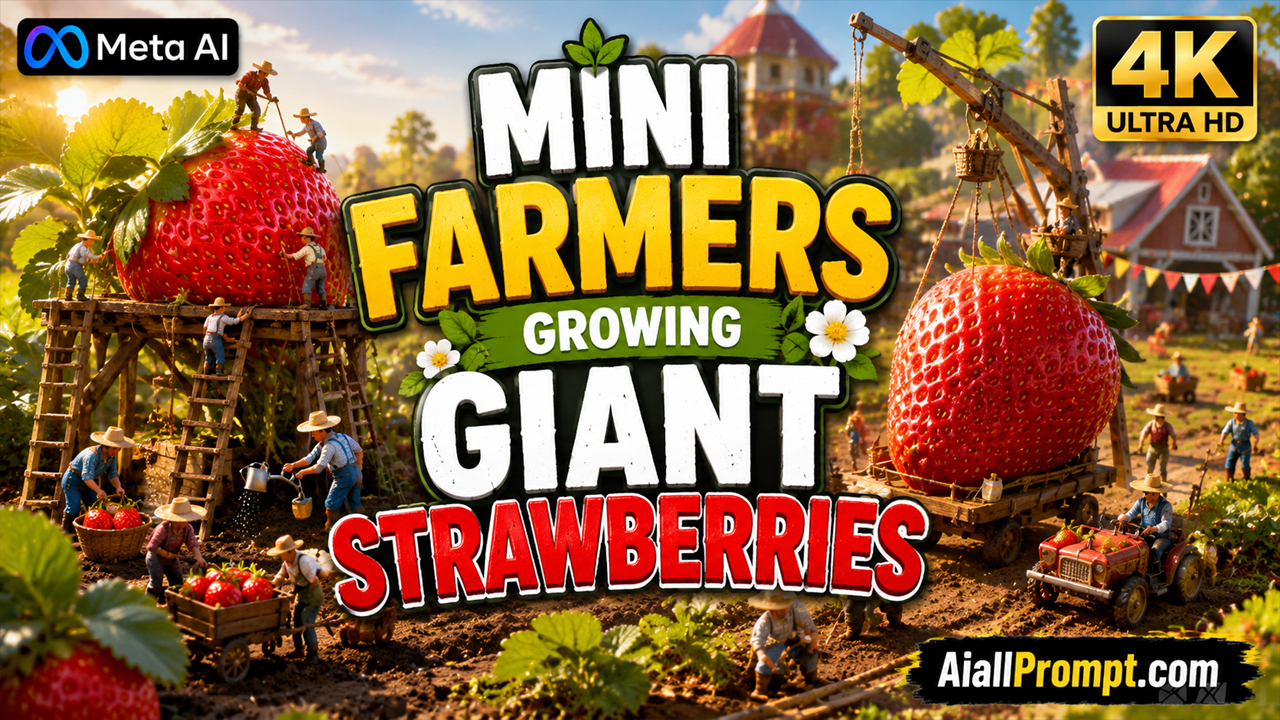 Mini Farmers Growing Giant Strawberries AI Prompt (Meta AI) – Ultra Realistic Cinematic AI Video